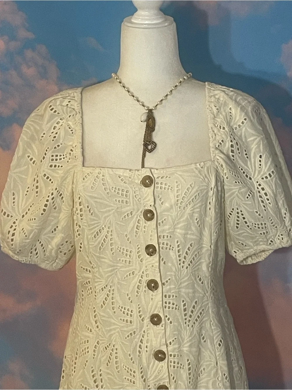 Darling Free People Cream Eyelet Puff Sleeve/ Button-Front Mini Dress